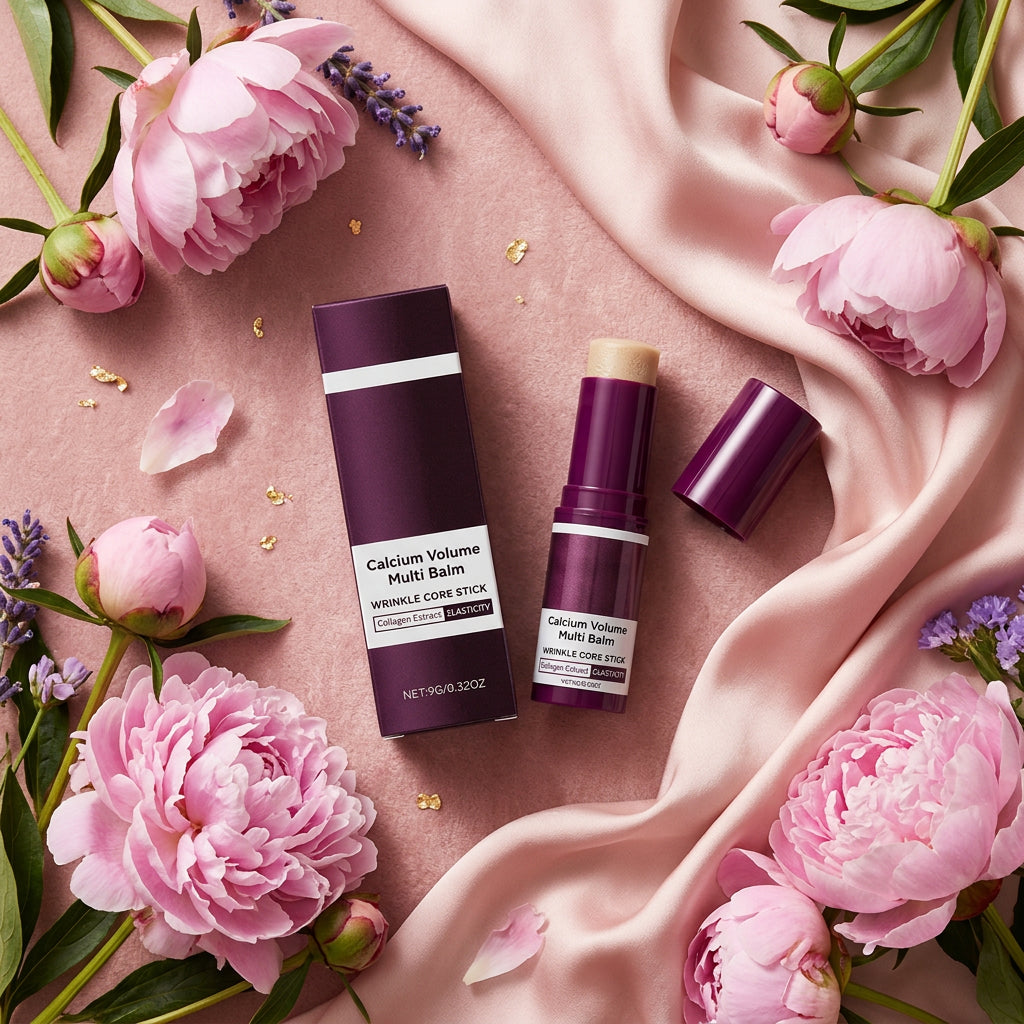 Calcium Volume Multi Balm flat lay with peonies