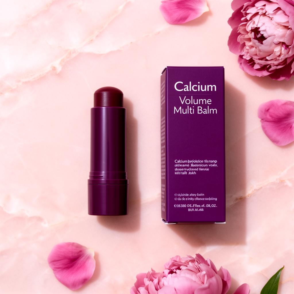 Plum balm flat lay with peonies